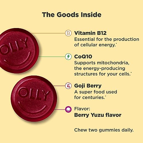 Image of OLLY Extra Strength Daily Energy Gummy, Caffeine Free, 1000mcg Vitamin B12, CoQ10, Goji Berry, Adult Chewable Supplement, Berry Yuzu Flavor - 60 Count