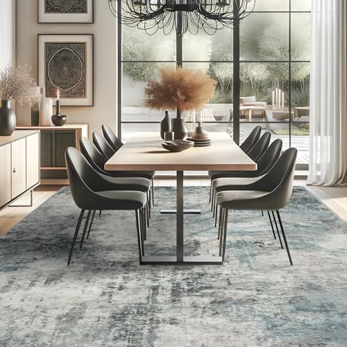 RUUGME Abstract 9x12 Washable Rug - Area Rugs for Living Room Waterproof Large Indoor Ultra Thin mat for Bedroom Stain Resistant Non-Slip Backing Distressed Soft Room Farmhouse Floor Carpet 9X12 Blue
