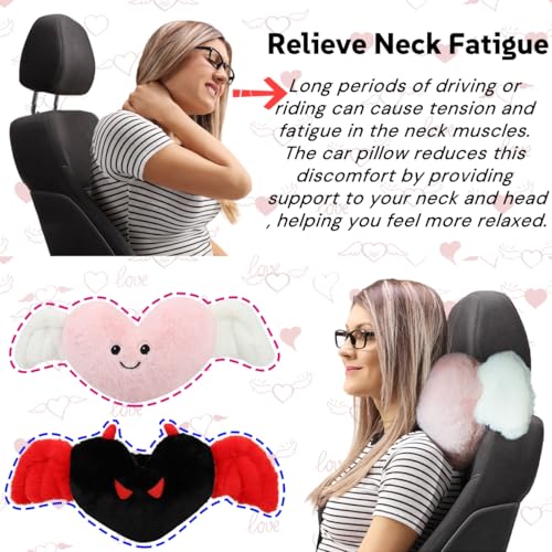 Sexysamba 2 Pcs Heart Shaped Car Headrest Pillow Devil & Angel Wings Neck Pillow Cute Car Seat Decor Neck Support Cushions for Travel Sleeping, Driving, Home, Office, Black Devil by Sexysamba - Image 3