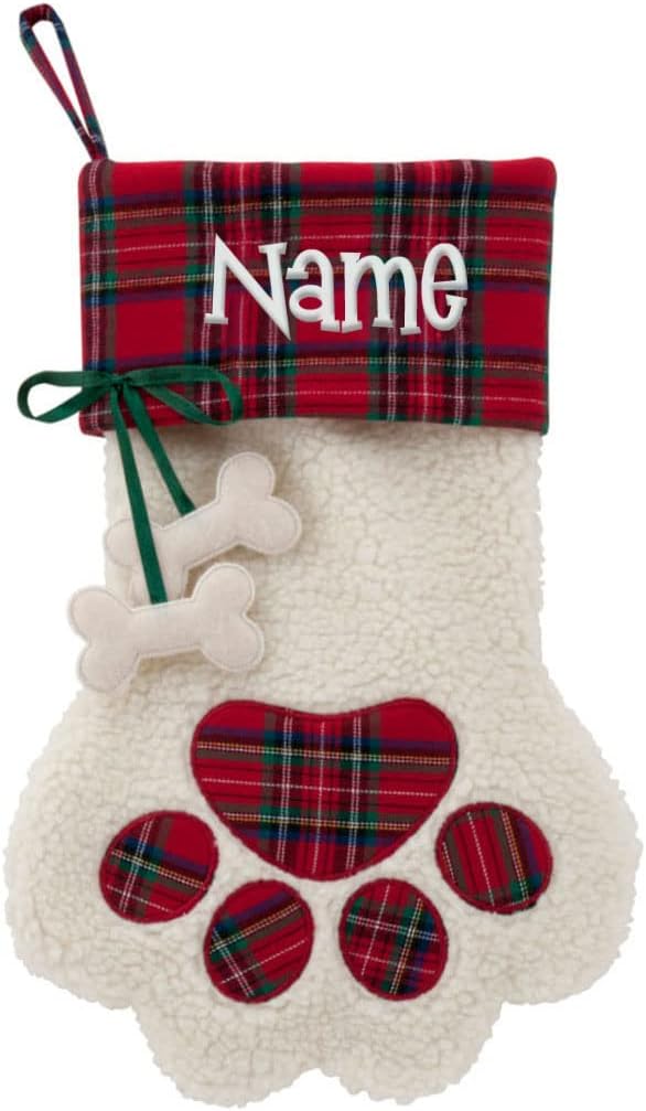 Personalized Planet Dog Paw Christmas Stocking with Custom Pet Name Printed | White Faux Sherpa with Red Plaid Cuff and Dog Bone Accents | Festive Christmas Décor | Ready to Hang