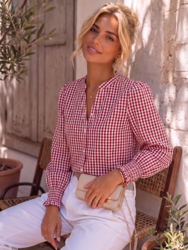 Funlingo V Neck Long Sleeve Shirts for Women Button Down Red Plaid Blouses — view 4