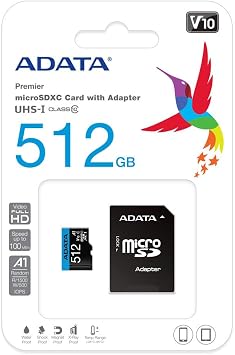 ADATA 512GB AData Premier microSDXC A1 UHS-1 CL10 Memory Card w/SD Adapter 85MB/sec