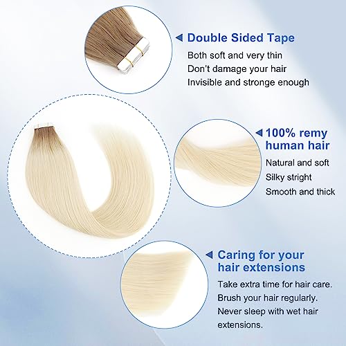 Image of Sixstarhair Invisible Tape In Hair Extensions Real Human Hair Rooted Blonde with Medium Brown Fading to Platinum Blonde Remy Hair Extensions for Women 20 Pieces 50g [Color #R6-60 16 inch]