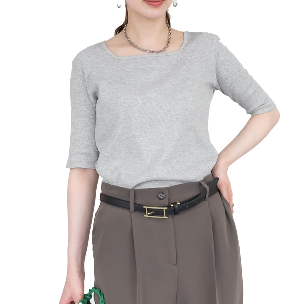 [Jungle Jalopy] スクエアネック 五分袖リブtシャツ 大きいサイズ レディース Tシャツ 半袖 五分袖 スクエア カットソー 無地 夏 夏服 春 秋