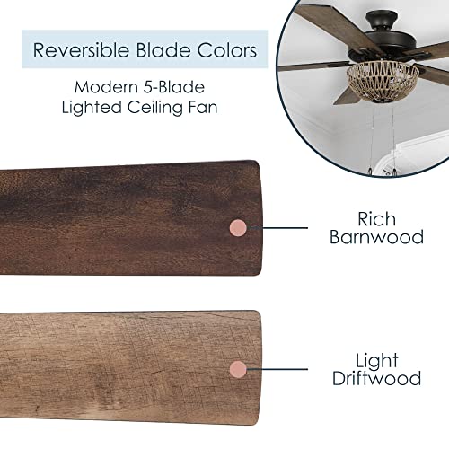 River Of Goods Bohemian Style Led Ceiling Fan With Woven Rope In Natural Brown Color - 52" L X 52" W - Rich Barnwood/Light Driftwood Fan Blades #TOP4