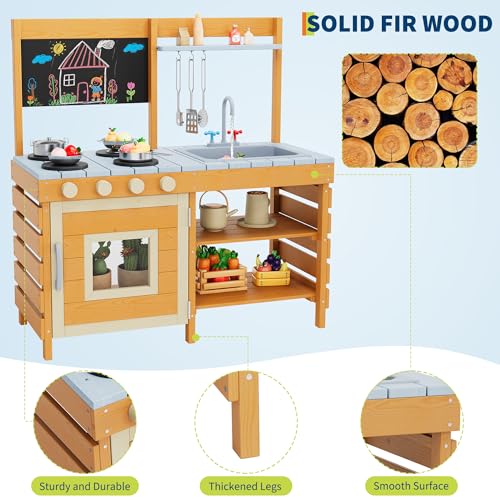 Mud Kitchen for Kids Outdoor Wooden Pretend Play Kitchen Set with See-Through Planter Box, Removable Sink & Faucet, Chalkboard, Storage Shelves＆Pretend Stove Montessori Learning Playset Toy for Toddle
