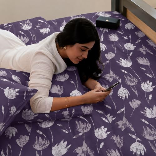 Image of Jaipur Weaves Cotton King Size Bedsheet 108x108 Super King, 100% Pure Cotton Bed Sheet with 2 Pillow Covers, 300 TC Soft Breathable Floral Design Bedding (Purple Tulips, Super King)