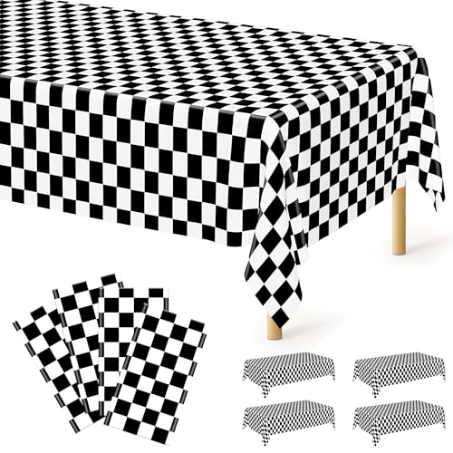 Image of QZYL 4Pack Plastic Table Cloth Disposable, 54 inch x 108 inch Waterproof Tablecloths Rectangular, Black and White Checkered Table Cover for Picnic Birthday Party Supplies Outdoor Gathering BBQ Holiday Dinner
