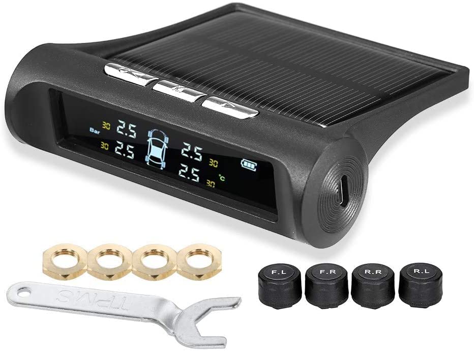 Scizor Solar & USB Charging, TPMS with 5 Alarm Modes, Auto Backlight & Smart LCD Display, for Automotive RV SUV MPV Cars, 4 External Sensors