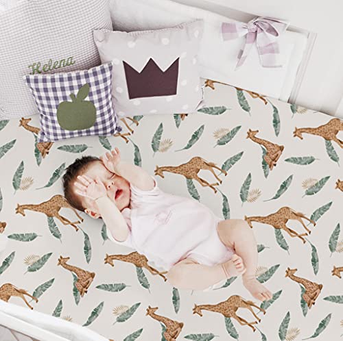 Stretchy Crib Sheets Set Brolex 2 Pack Portable Crib Mattress Topper For Baby Boys Girls,Ultra Soft Jersey Knit,Giraffe Leaf #TOP2