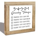 5-4-3-2-1 Grounding Technique Wooden Box Sign Desk Decor, Anxiety Relief Mental Health Calming Guide Plaque, Rustic Farmhouse Tabletop Decoration for Office Home, Self Care Gift