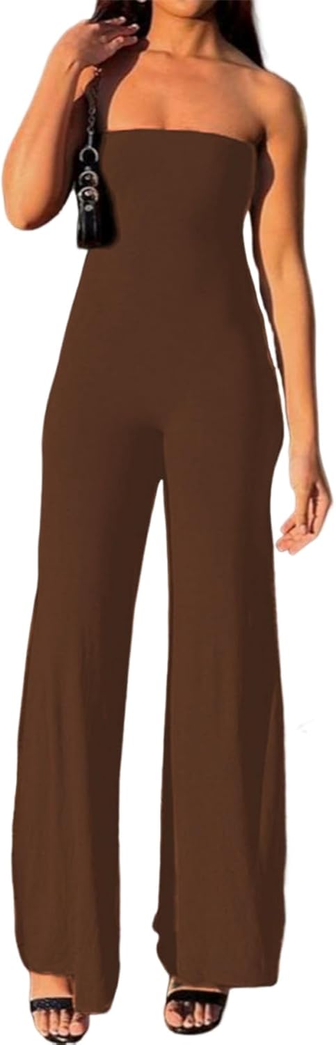 ECHOINE Women Bodycon Tube Top Wide Leg Jumpsuit Off Shoulder Long Pant Romper