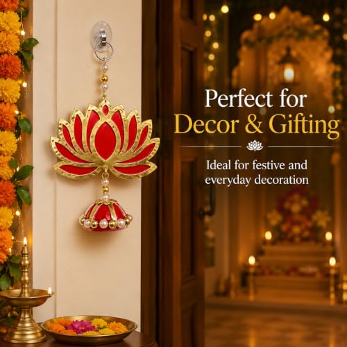 Image of Religious Door Hanging Decor with Pearl Beads & Tassel, Wooden Wall Hanging for Home Temple, Pooja Room, Entrance, Mandir Decoration & Spiritual Gift, Red Lotus