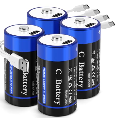 C Batterien 4er Pack Wiederaufladbares Lithium Baby C Batterien Mit Ladekabel LR14 Typ C Batterie 1 5V 4100mWh füR Taschenlampen Uhren Spielzeug