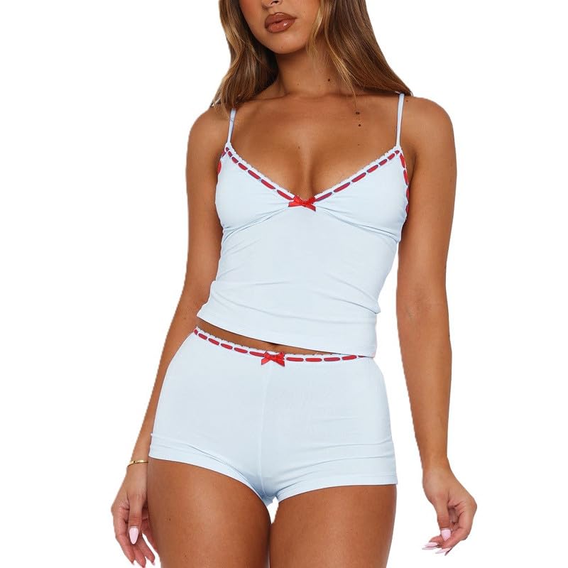 Image of Womens Y2K Cute Print Cami Pajama Sets Lace Trim V Neck Tank Top Shorts Set Bow Heart Print 2 Piece Sleepwear