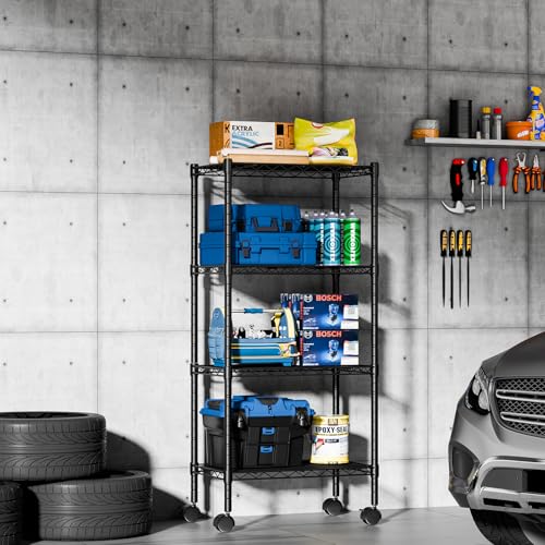 Image of DUMOS 4-Tier Metal Storage Shelves, Shelving Unit, Storage Rack, 23.2 inch W | 47 inchH, Lockable Wheels, Wire Adjustable Standing, Heavy Duty Steel Organizers, Kitchen Bathroom Pantry Garage Office
