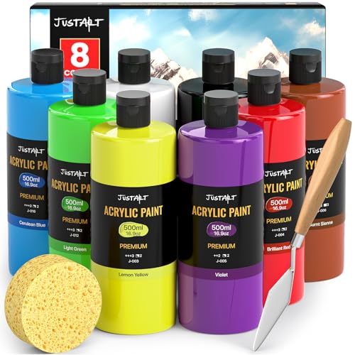 JusArt Beginner Acrylic Paint Set, 8 Colors (16.9oz/500ml Each) Bulk Large Bottles Artist Primary Paints for Canvas, Walls, Ceramics, Rocks, Eggs, Glass, Crafts