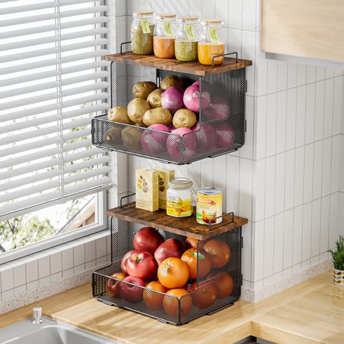 HapiRm Hanging Fruit Baskets Kitchen - Fruit and Vegetable Storage with Wood Lid, Counter & Wall Mounted Stackable Wire Baskets, Potato and Onion Storage (2 Pack)