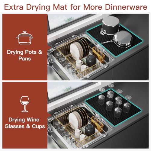 Image of JASIWAY Gold Dish Drying Rack in Sink with Mat, Cups and Utensil Holder