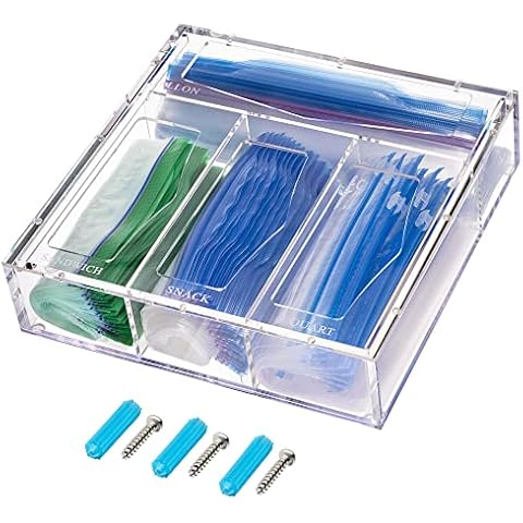 Elavain Acrylic Ziplock Bag Storage Organizer and Dispenser, Ziplock Bag Organizer, Drawer & Wall-Mount Food Storage Bag Organizer for Sandwich, Snack, Quartz, Gallon/ Freezer, Storage & Slider Bags Cover