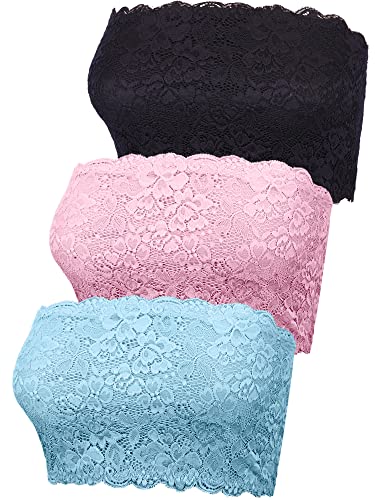 Image of Boao 3 Pieces Women's Floral Lace Tube Top Bandeau Strapless Bras Seamless Stretchy Chest Wrap