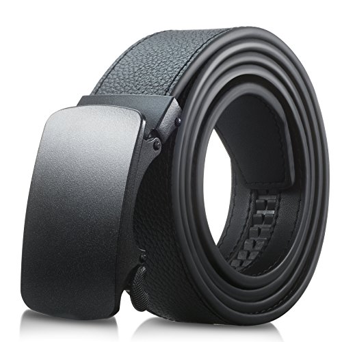 Men's Genuine Leather Belt- Ratchet Black Dress Belt for Men with Automatic Buckle. (Up to Size 46, Black With Buckle #04)