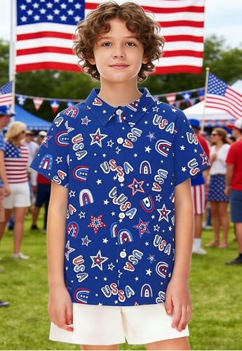 Image of 4th of July Shirts for Girls Boys American Patriotic Tshirt Kids Hawaiian Button Down Tops