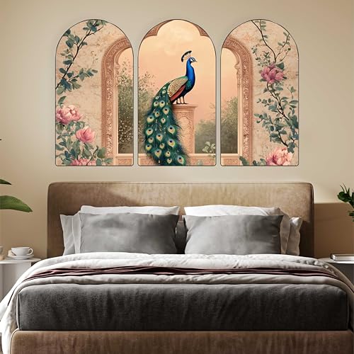 Image of Livin'luxe Peacock Wall Art | Set of 3 MDF Panel Paintings | Vintage Floral Theme Decorative Wall Hanging for Living Room, Bedroom, Office & Home Interiors