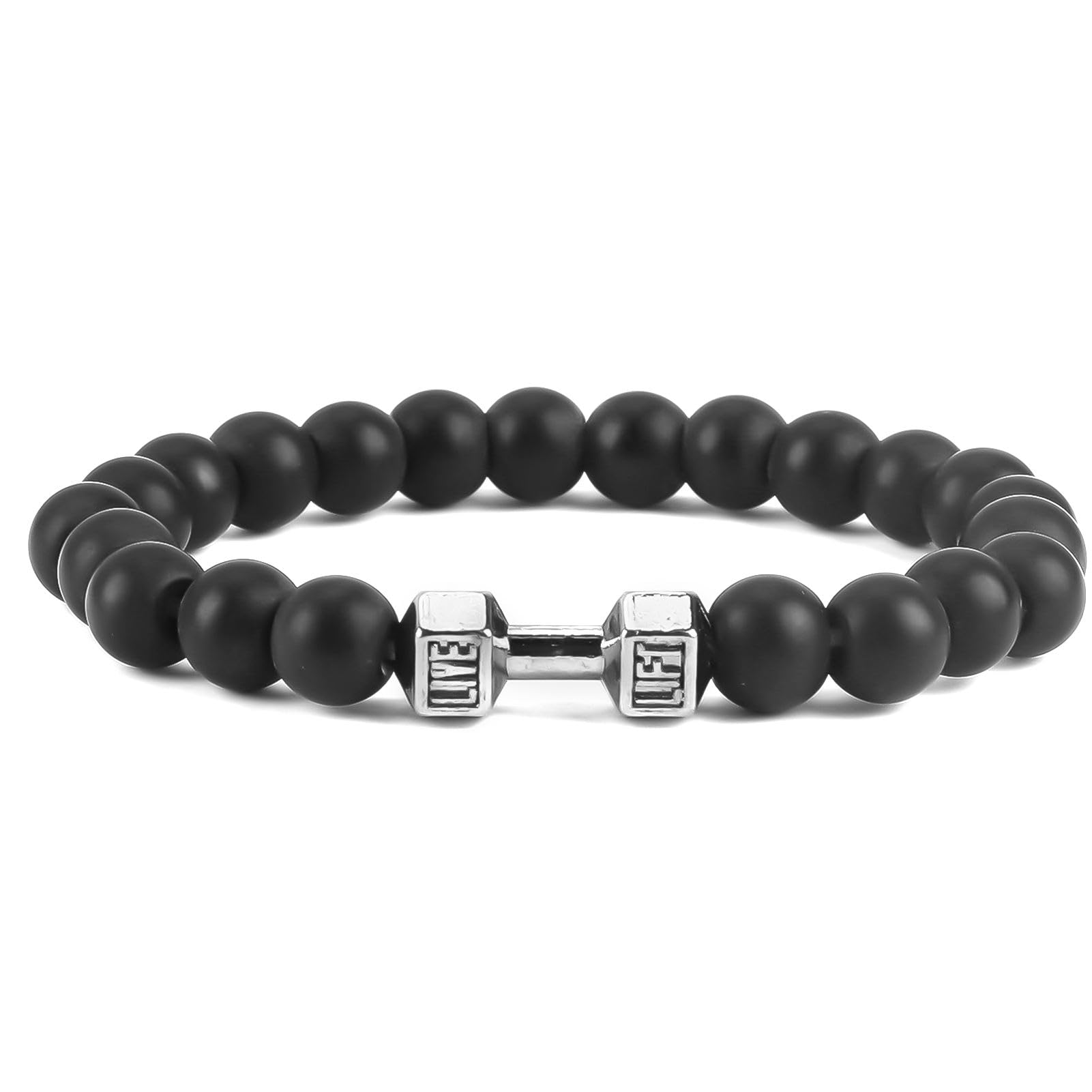 Black Dumbbell Bracelet Elastic Volcanic Lava Stone Bracelets，Natural Stone Bead with Stainless Steel Barbell Beads Jewelry Gym Gifts for Fitness Men Women Valentines