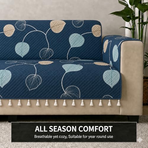 Image of STITCHNEST 'Frostvine Collection' 2 Seater Sofa Cover | Full Coverage with Armrest Pockets | Cotton Quilted Fabric, Decorative Tassels, Washable & Durable for Modern Living