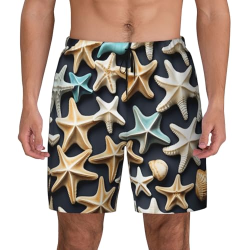 Seashell Starfish Print Mens Swim Shorts Trunks Inseam Compression Liner Quick Dry Zipper Pocket Black