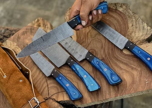 Handmade Damascus Steel Chef Knives Set With Sharpener| 6 Pcs Of Professional Utility Kitchen Knife Set With Cleaver And Leather Roll Bag #TOP1