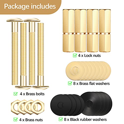 4 Pack Toilet Tank To Bowl Bolt Kit, Stainless Steel And Brass Plated Heavy Duty Toilet Bolts Rustproof Bolt Nut Washer With Long Nuts Double Rubber Washers For Toilet Tank Bolts And Seat Screws #TOP1