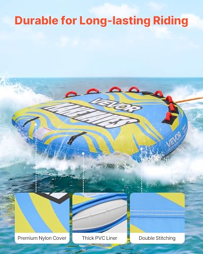 VEVOR Towable Tube für Boote, Wassersport-Schleppreifen für 4 Personen, bis 308 kg Tragfähigkeit, mit Flossen, Nylonhülle, Gepolsterten Griffen und Sicherheitsventil, für Seen, Flüsse und Meere, Blau