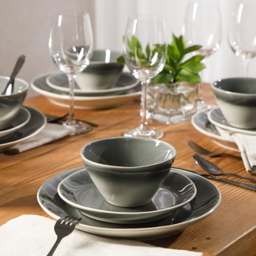 Image of Gibson Elite Plates and Bowls Set, 12 Piece Stoneware Dinnerware for 4 | River Delta Collection - Ceramic Dishes, Reactive Glaze Ombre Black, Microwave Safe Dishware, Chip Resistant, Family Dining