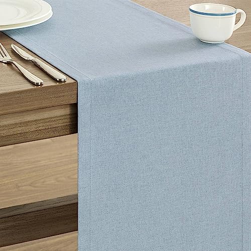 Image of ZeeMart Basic Linen Style Table Runner, 14 x 36 Inch Blue Chambray, Rustic Farmhouse Light Dusty Blue Table Runners 36 Inches Long, Everyday Polyester Table Runner - Machine Washable & Easy Care