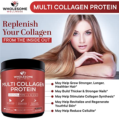 Wholesome Wellness Premium Multi Collagen Peptides Protein Powder for Women and Men, 5 Types of Hydrolyzed Collagen, Grass-Fed, Non-GMO & Unflavored, Pure Protein for Youthful Skin & Joint Recovery