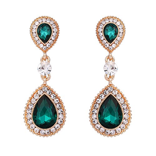 BriLove Wedding Bridal Dangle Earrings for Women Crystal Teardrop Infinity Figure 8 Earrings Emerald Color Gold-Toned