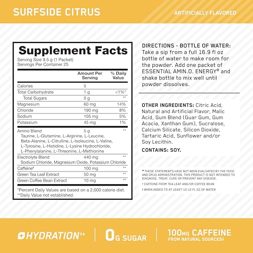 Image of Optimum Nutrition Amino Energy Plus Hydration Packets, On-The-Go Caffiene Stick Packs, Surfside Citrus, 25 Count