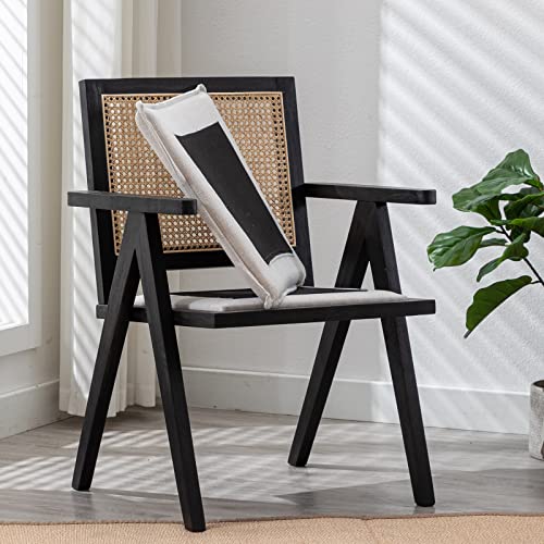 Zhenghao Mid Century Modern Dining Chairs, Accent Rattan Armchair With Cane Back Upholstered Linen Kitchen Chairs With Solid Black Legs For Dining Room, Set Of 2, Black Beige #TOP4