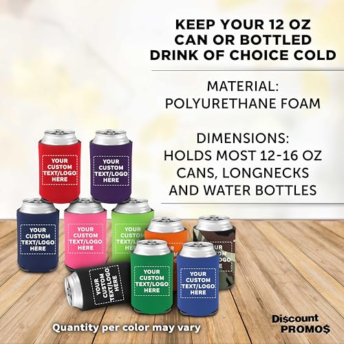 Image of Personalized Assorted Collapsible Can Coolers Set of 10 /50 /100 by DISCOUNT PROMOS, Custom Bulk Pack - Keeps Your Drink Cold, Great for Beer, Soda and other Beverages - Assorted