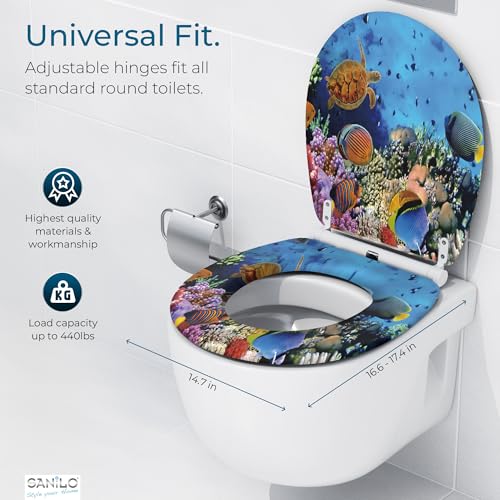 Image of Sanilo Wooden Toilet Seat with Quick Release & Soft Close [ROUND] - Decorative & Slow Close Molded Wood Seat - With One Click for Easy Installation & Cleaning - With Adjustable Fit (Ocean)