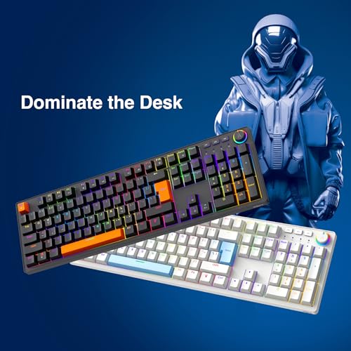 Image of FINGERS Macho-MK1 Wired Mechanical Gaming Keyboard, White + Blue | Full-Size with 104 Keys, Linear Switches, 17 RGB Modes, Multi-Function Knob, 26 Anti-Ghosting Keys