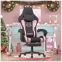 bigzzia Gaming Chair Cute with Cat Ears and Massage Lumbar Support, Ergonomic Computer Chair for Girl with Footrest and Headrest (Black and Pink)