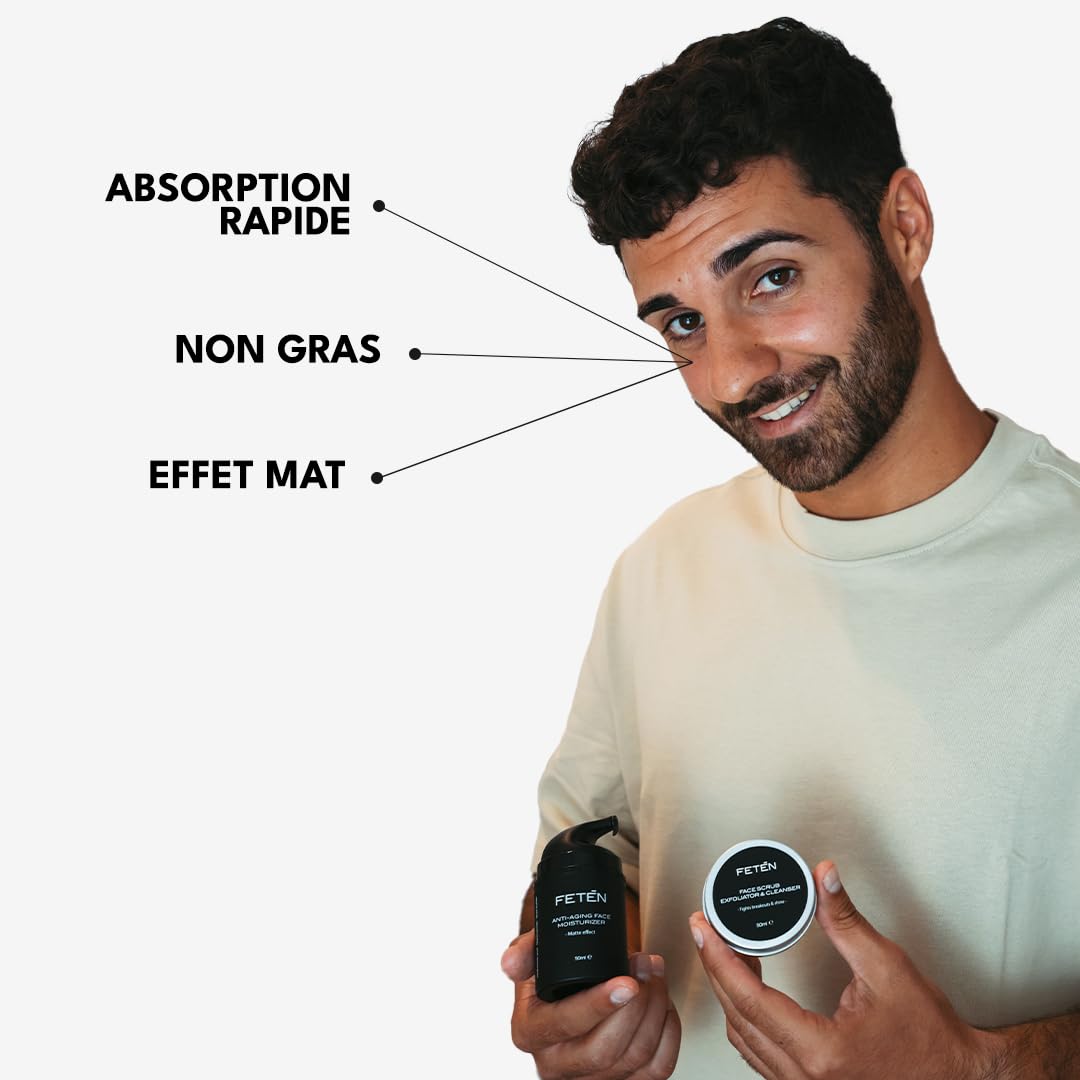 FETEN Coffret Soin Anti-Imperfections Homme - Gommage Visage + Crème Hydratante Matifiante Anti-Rides, Traitement Complet pour la Peau, Coffret Cadeau Homme
