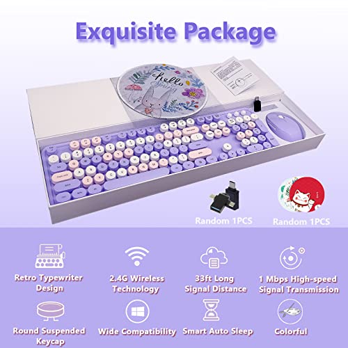 Image of Purple Retro Typewriter Wireless Keyboard and Mouse Combo for Home Office | Full Size Cute Vintage Round Bubble Keycaps, Ergonomic Aesthetic Colorful Keyboard Mouse Set for Long Nails Laptop Desktop PC