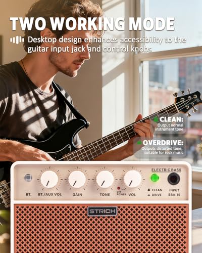 STRICH Amplificador Mini de Bajo de 2 x 5 W - Amplificador de práctica para bajo portátil y Recargable con Canales limpios y distortión, Salida de Auriculares de 1/8 para Principiantes, marrón - imagen 5