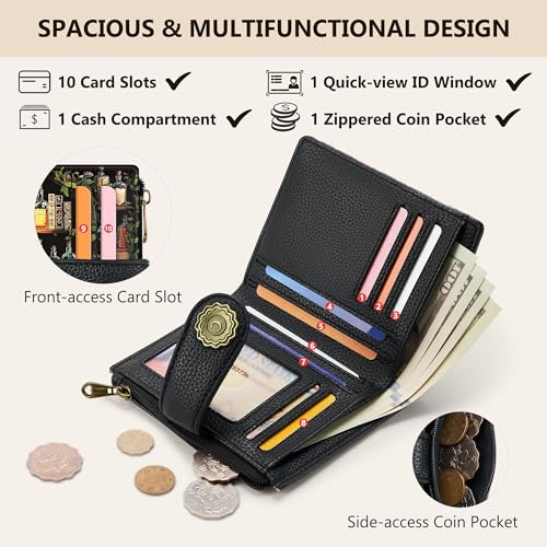 Chelmon Gothic Relic Small Wallet Woman RFID Blocking, PU Leather Bifold Credit Card Ladies Wallets with ID Window, Cute Zipper Coin Pocket Purse for Girls — view 4