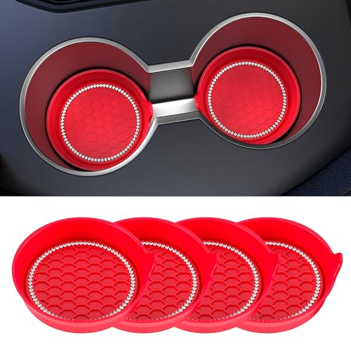 Amooca Car Cup Coaster Universal Non-Slip Cup Holders Bling Crystal Rhinestone Car Interior Accessories 4 Pack Red