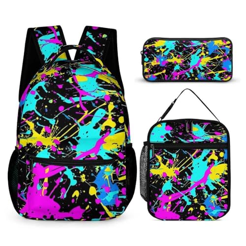 Neon Backpack with Lunch Box & Pencil Case, 16 Inch Neon Themed Bookbag, Adjustable Lightweight Large Capacity, Colorful Neon Backpack Set for Kids Girls Boys School